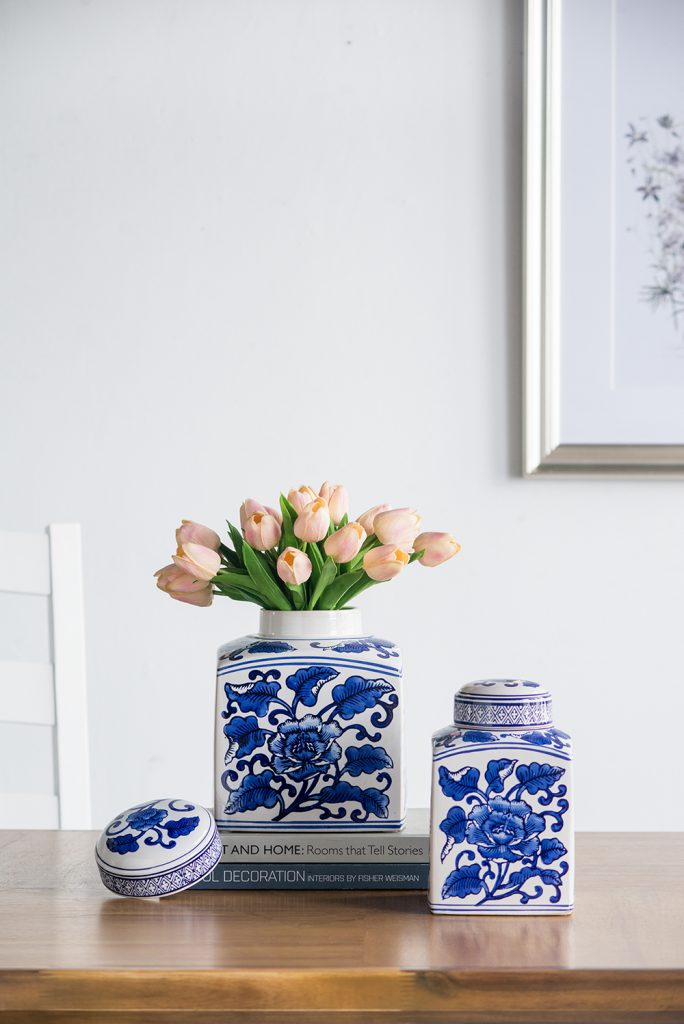 A&B Home / 5x5x8" Hand Painted Square Canister, Blue and White Floral Pattern