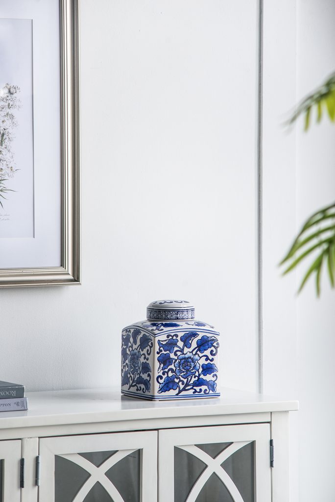 A&B Home / 5x5x8" Hand Painted Square Canister, Blue and White Floral Pattern
