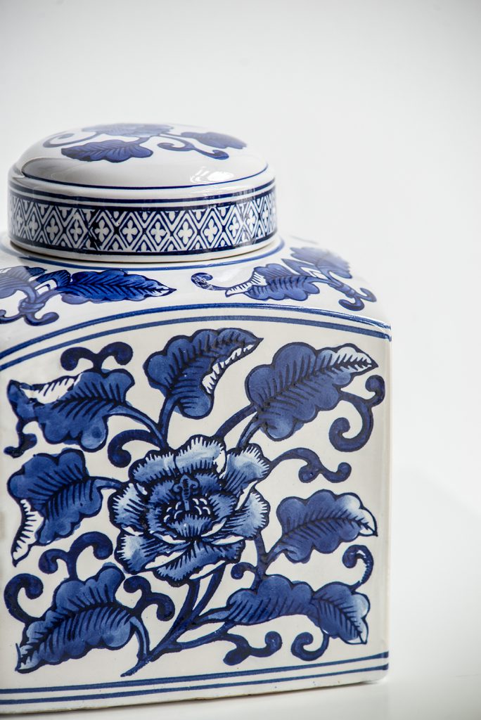 A&B Home / 5x5x8" Hand Painted Square Canister, Blue and White Floral Pattern