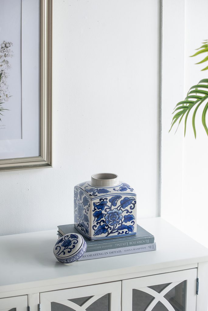 A&B Home / 5x5x8" Hand Painted Square Canister, Blue and White Floral Pattern