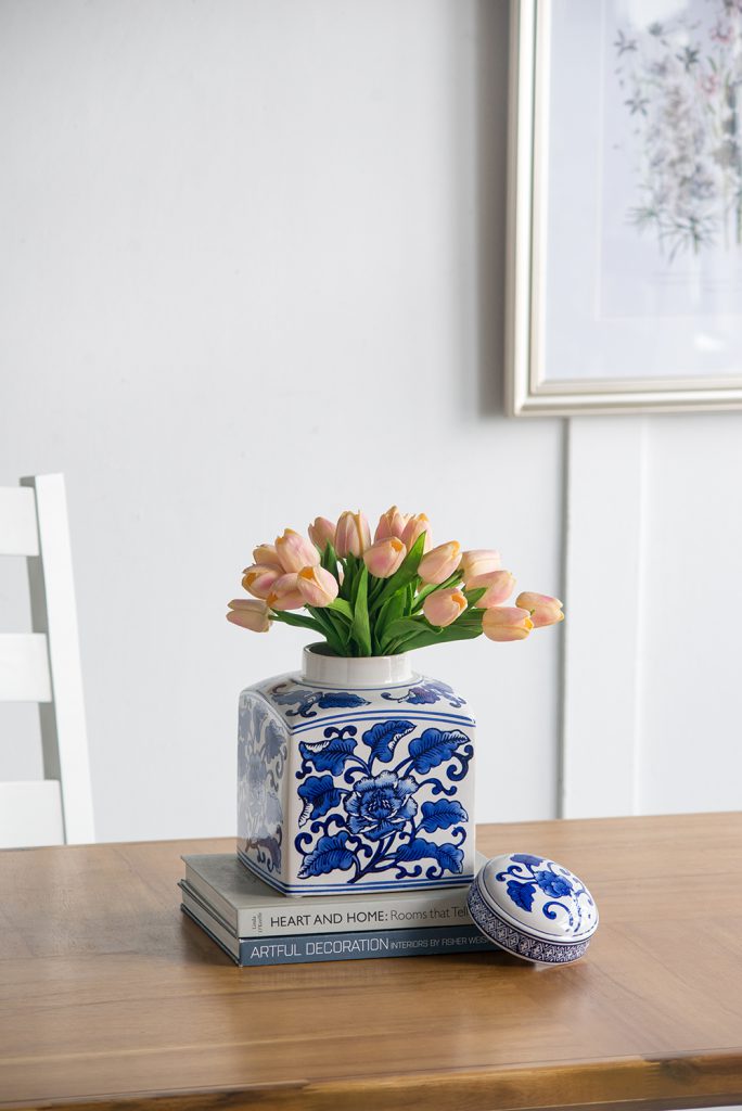 A&B Home / 5x5x8" Hand Painted Square Canister, Blue and White Floral Pattern