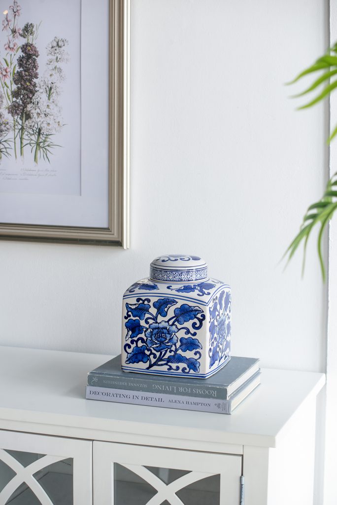 A&B Home / 5x5x8" Hand Painted Square Canister, Blue and White Floral Pattern