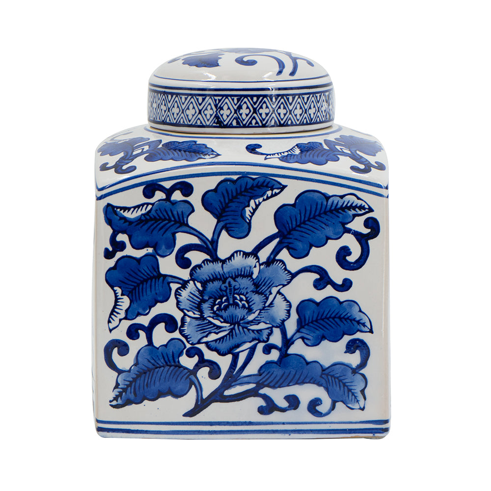 A&B Home / 5x5x8" Hand Painted Square Canister, Blue and White Floral Pattern