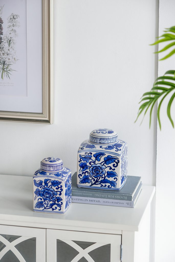 A&B Home / 5x5x8" Hand Painted Square Canister, Blue and White Floral Pattern