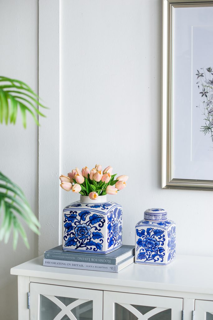 A&B Home / 5x5x8" Hand Painted Square Canister, Blue and White Floral Pattern