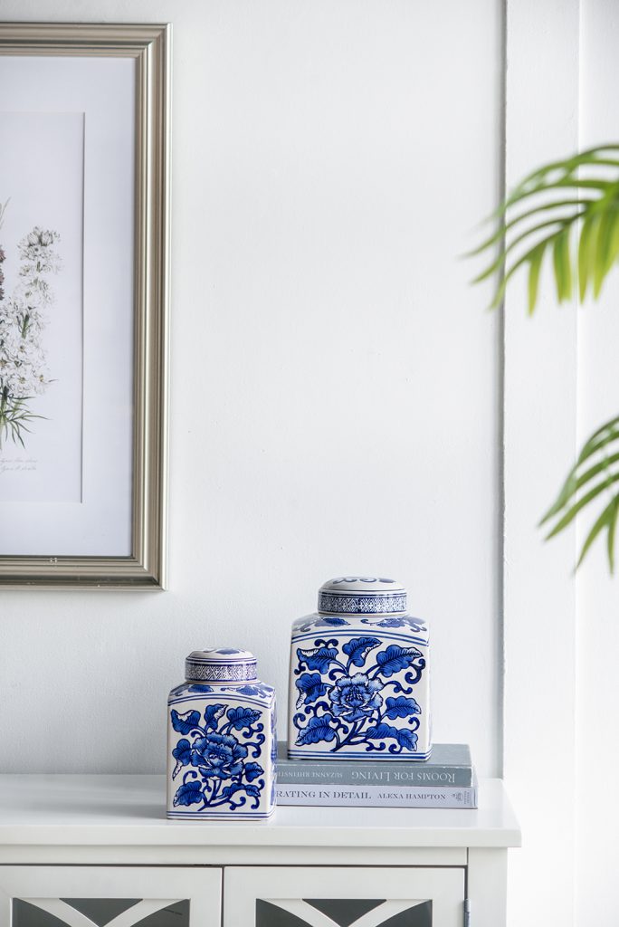 A&B Home / 5x5x8" Hand Painted Square Canister, Blue and White Floral Pattern