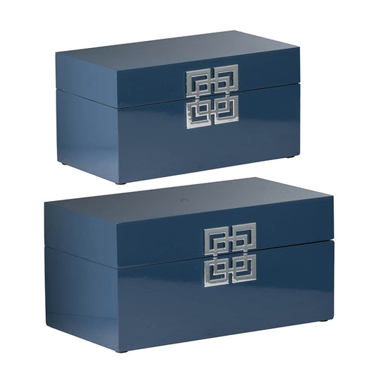 A&B Home / Decorative Jewelry Boxes Organize Modern Oriental Style Set of 2 Blue with Silver Patterns 13.6" x 11.4"