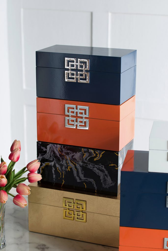 A&B Home / Decorative Jewelry Boxes Organize Modern Oriental Style Set of 2 Blue with Silver Patterns 13.6" x 11.4"