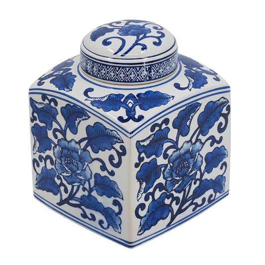 A&B Home / 5x5x8" Hand Painted Square Canister, Blue and White Floral Pattern