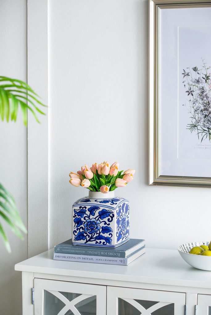 A&B Home / 5x5x8" Hand Painted Square Canister, Blue and White Floral Pattern